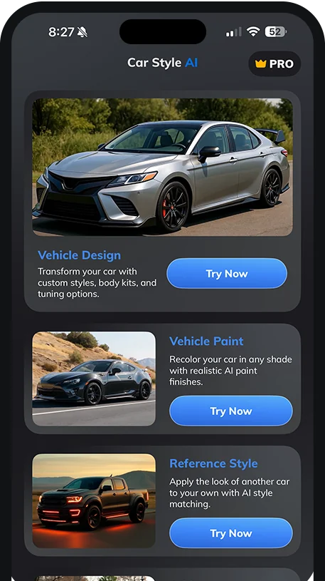 Car Style AI app screen restyling a sports car