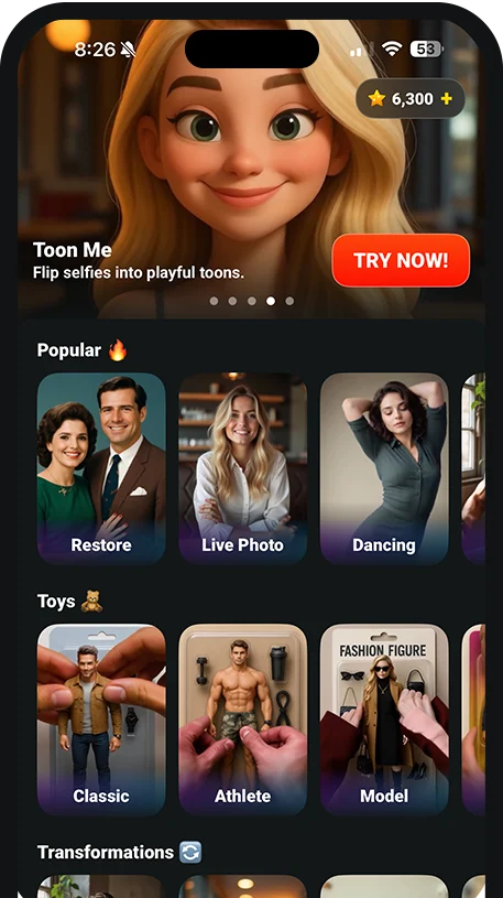 MOVIQ app screen with cartoon and photo animation tools