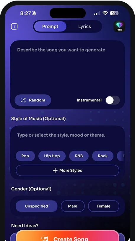 MusiQ AI app screen generating a custom track